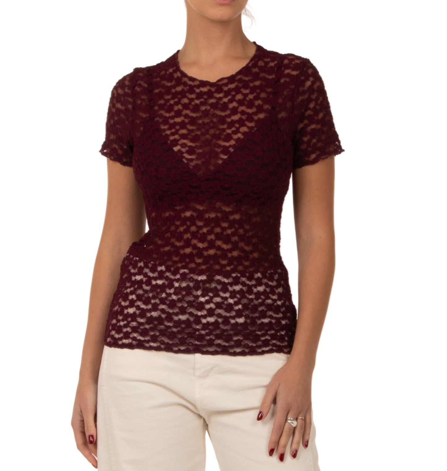 Maglia pizzo maniche corte bordeaux