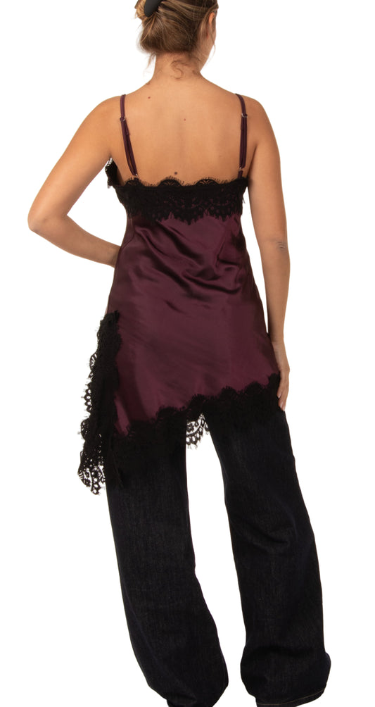 Top raso con bordo pizzo bordeaux